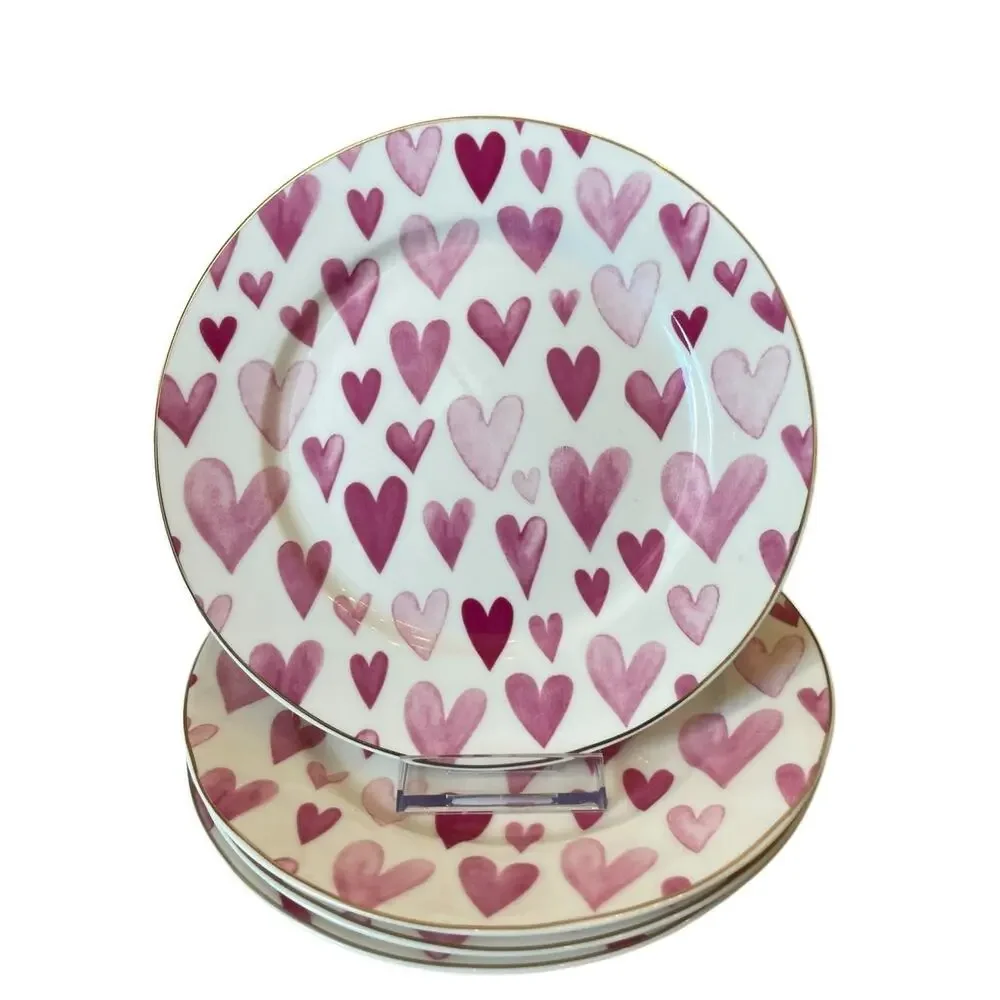 4 Grace Teaware Porcelain Pink & White Valentine's Day Heart 8in Salad Plates